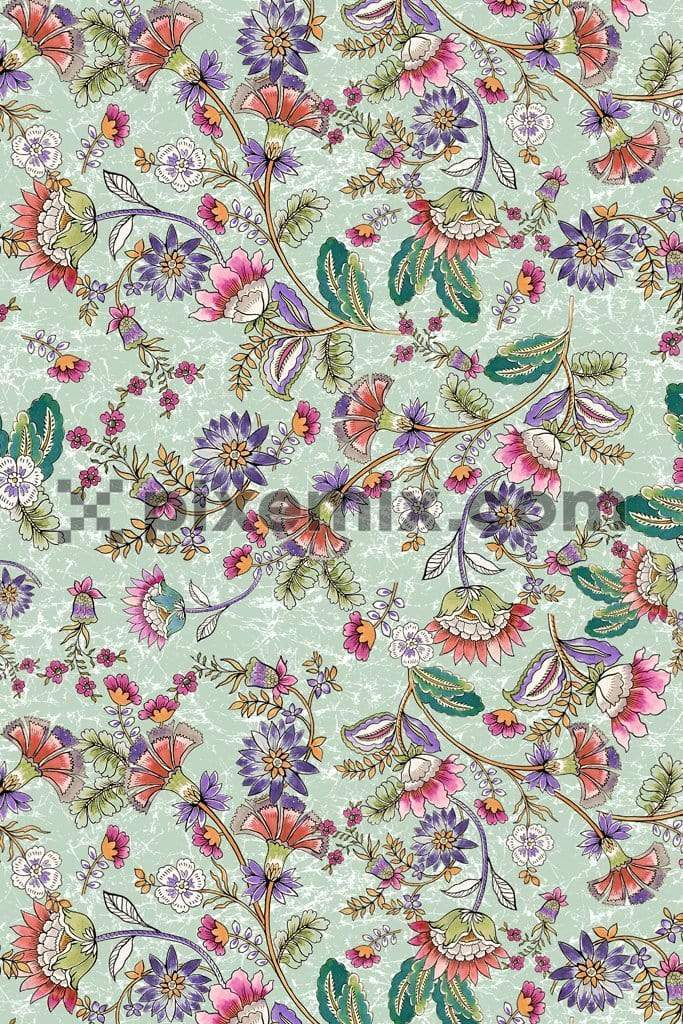 Ethnic water color intricate floral product graphic with seamless repeat pattern