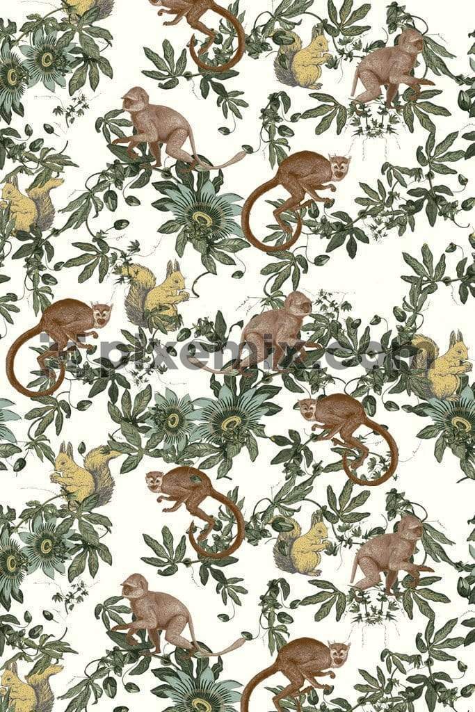 Monkey & squirrel botanical jungle inspired product graphic with seamless repeat pattern