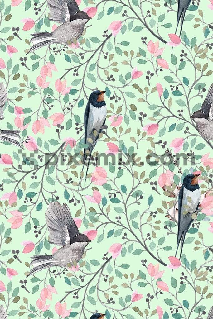 Beautiful birds around leaves product graphic with seamless repeat pattern