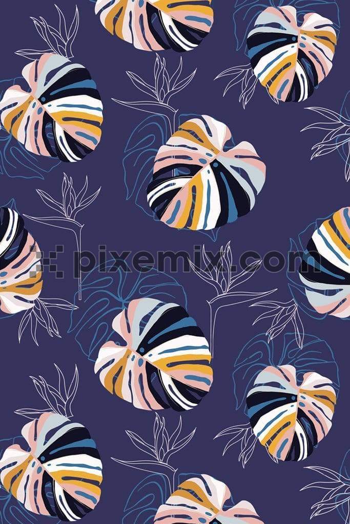 Contemporary bright and colorful tropical leaves product graphic with seamless repeat pattern