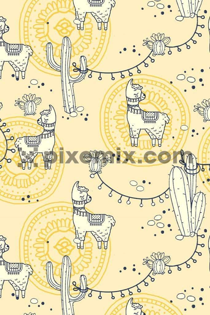 Cute llama doodle product graphic with seamless repeat pattern