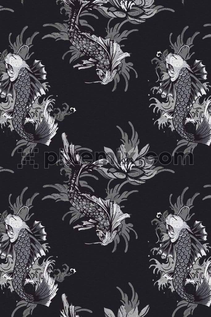 Monochrome dragon fish product graphic with seamless repeat pattern