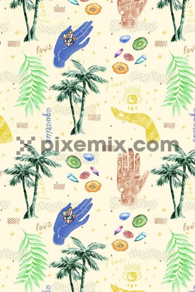 Boho inspired astrology & tropical icons product graphic with seamless repeat pattern