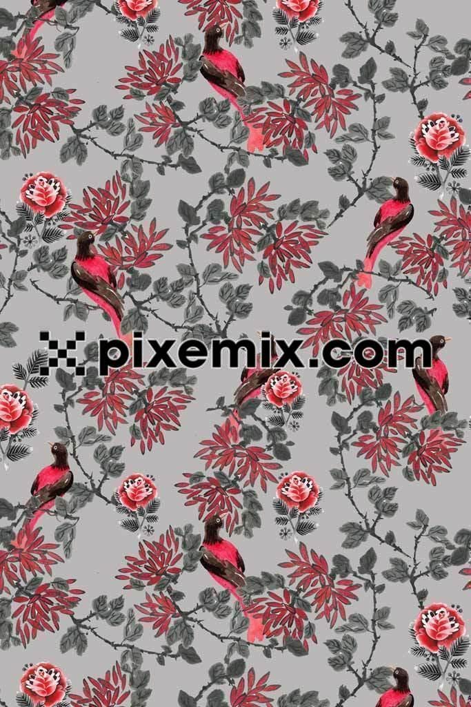 Watercolor birds and leaves product graphic with semaless repeat pattern