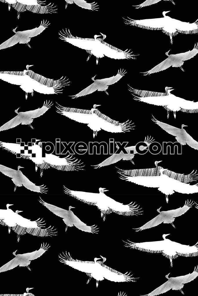 Black & white flying flamingo shadow product graphic with seamless repeat pattern