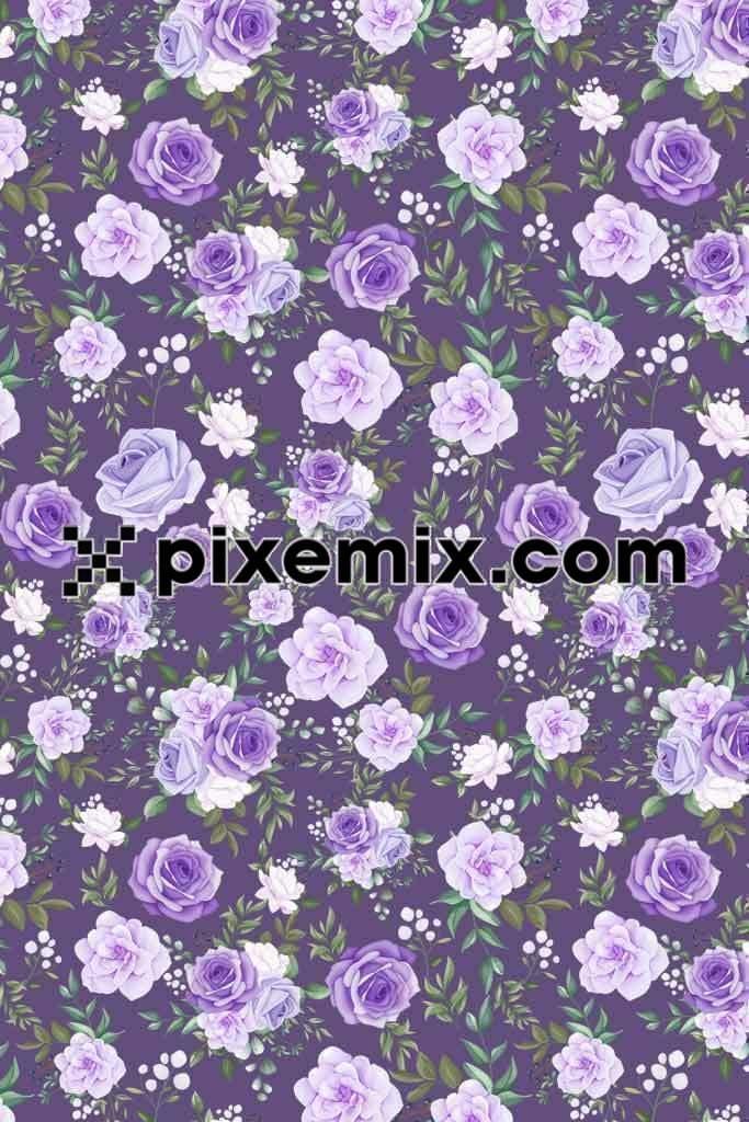 Purple lilac rose product graphic with seamless repeat pattern