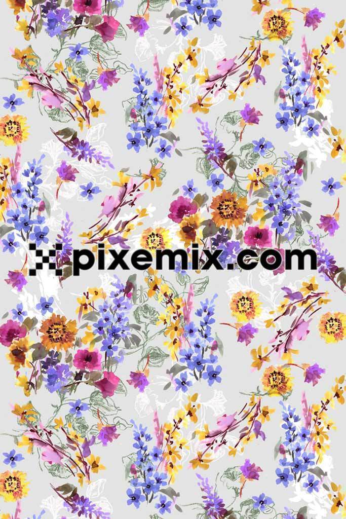 Water color floral bunch product graphic with seamless repeat pattern