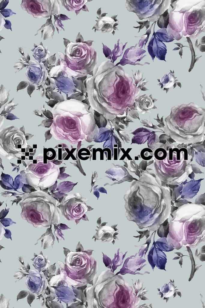 Pink & blue rose bunch product graphic with seamless repear pattern
