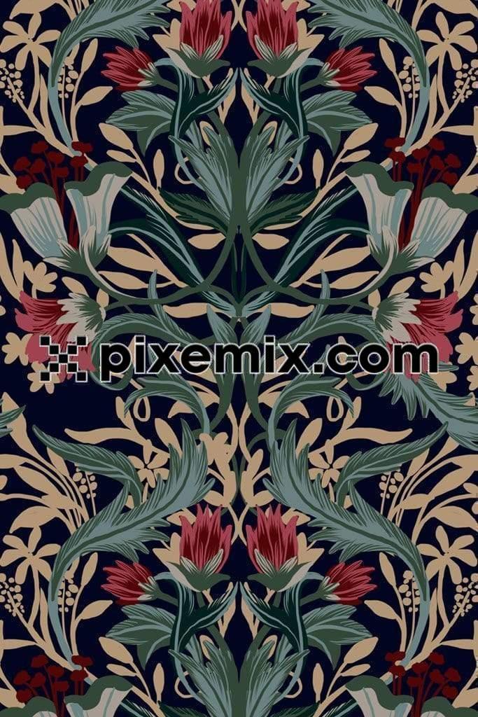 Vintage style ornamented floral vector product graphic with seamless repeat pattern