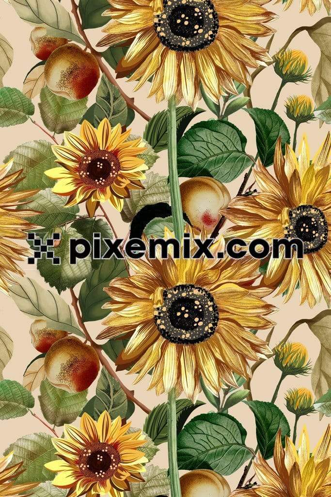 Sunflower and peach product graphic with seamless repeat pattern