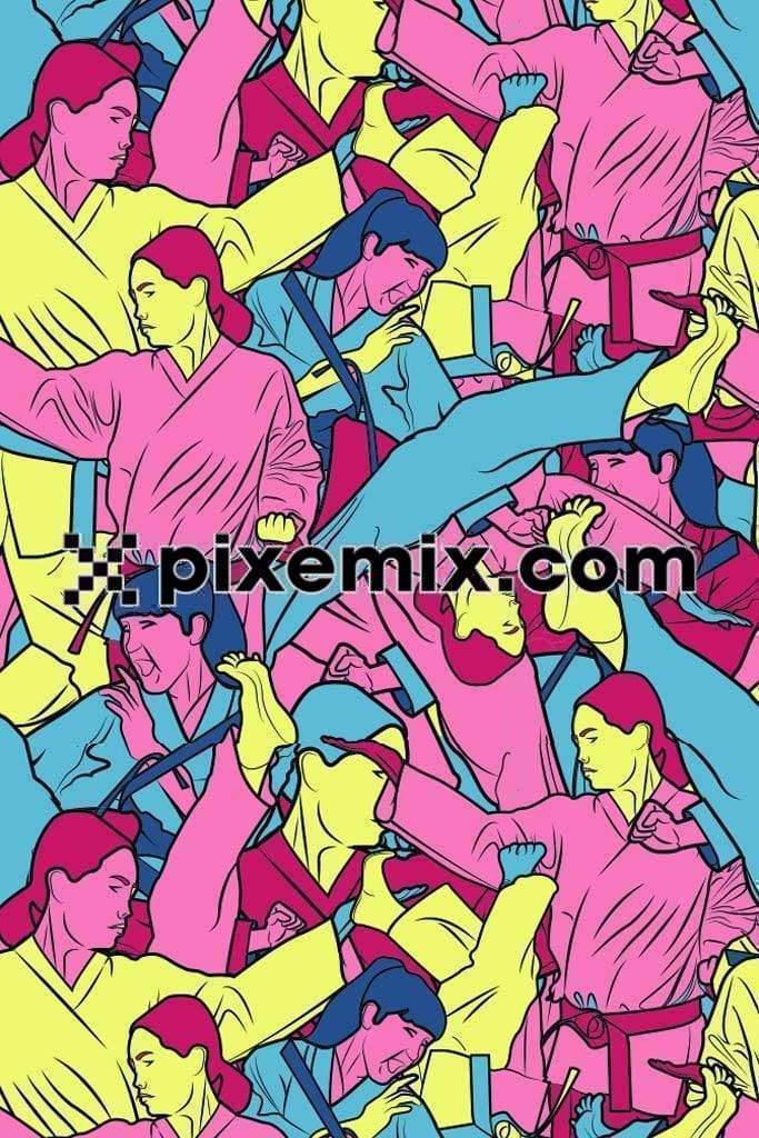 Pop art inspired girl doing martial art camouflage vector product graphic with seamless repeat pattern