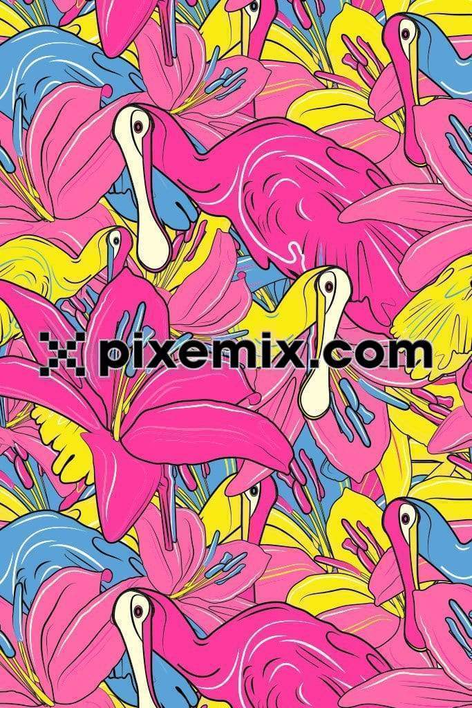 Pop art inspired spoonbill bird and floral camouflage  vector product graphic with seamless repeat pattern