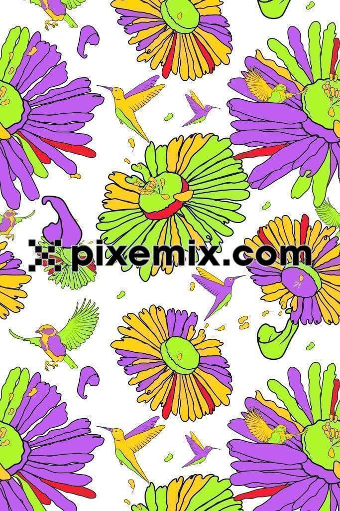 Pop art inspired floral and bird vector product graphic with seamless repeat pattern