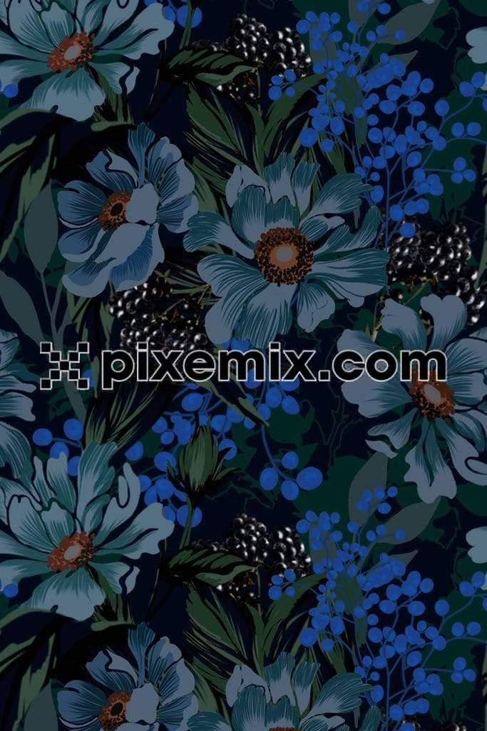 Monocrome blue floral and berries product graphic with seamless repeat pattern