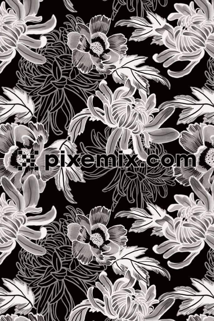 X-ray inspired monochrome florals product graphic with seamless repeat pattern