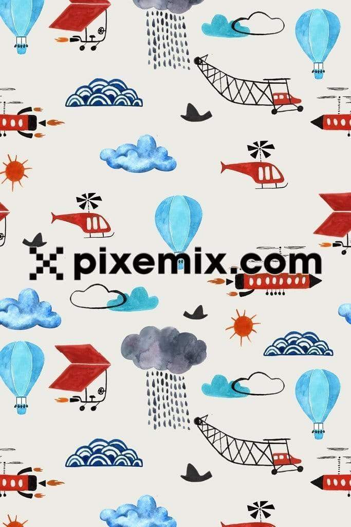 Cute watercolor aircrafts product graphic withseamless repeat pattern