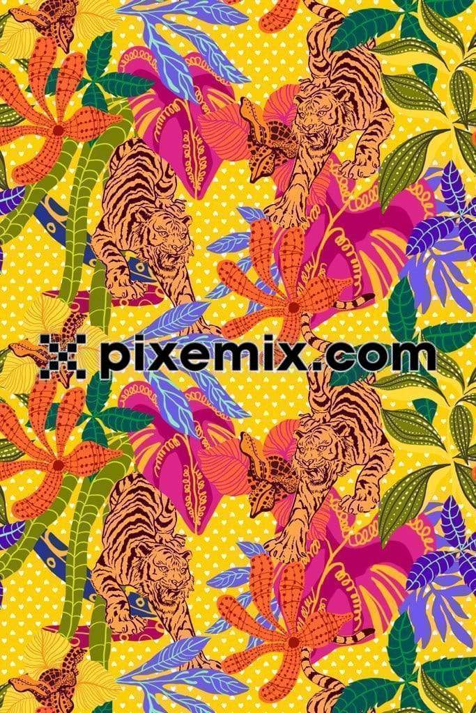 Pop art inspired colorful jungle and tiger product graphic with seamless repeat pattern