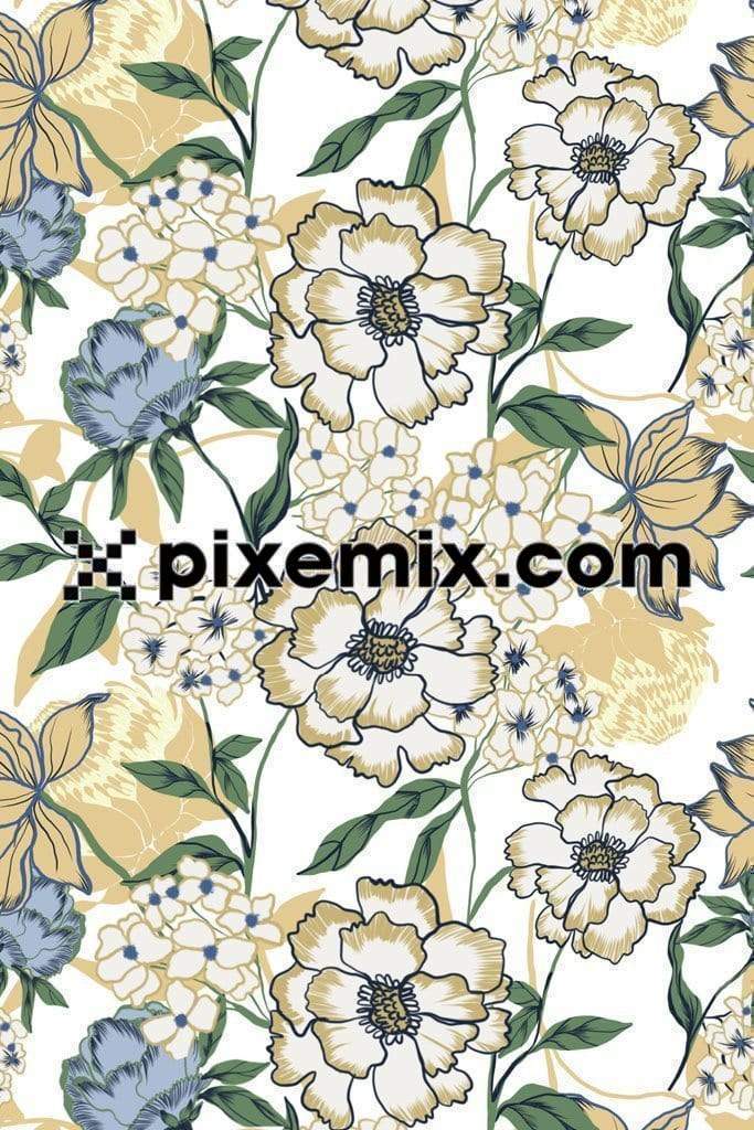 Artistic hydrangea peonies product graphic with seamless repeat pattern