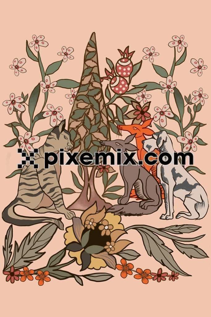 Cartoon inspired vintage animals in garden product graphic