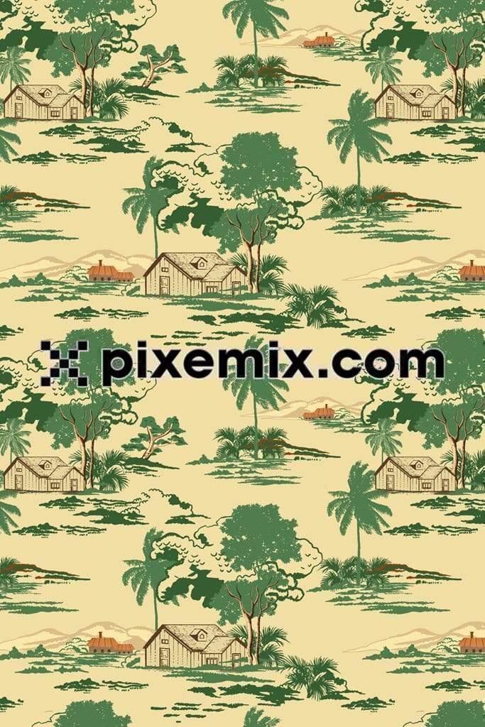 Vintage cuntryside landscape product graphic with seamless repeat pattern