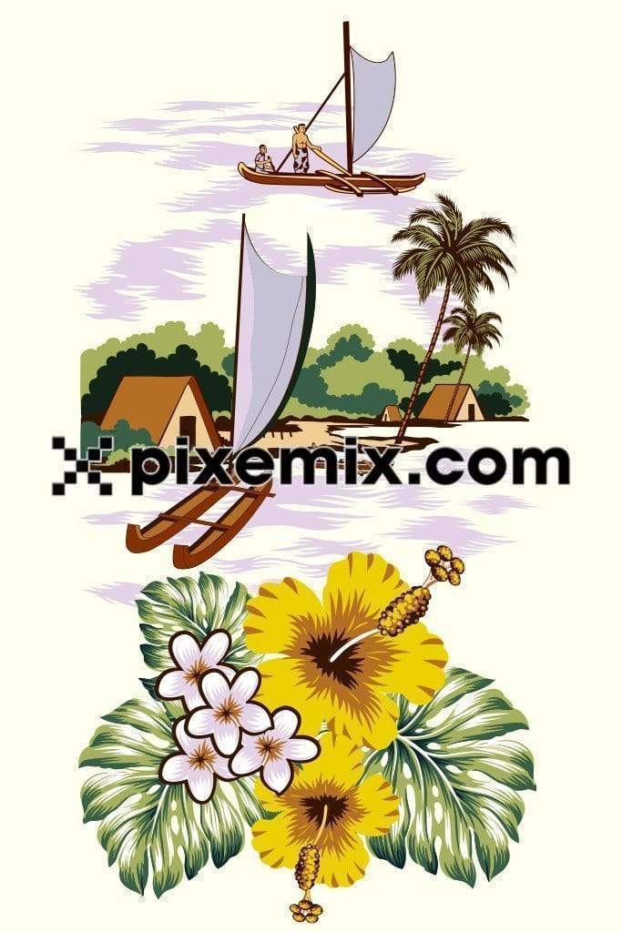 Hawaiian inspired landscape and florals product graphic