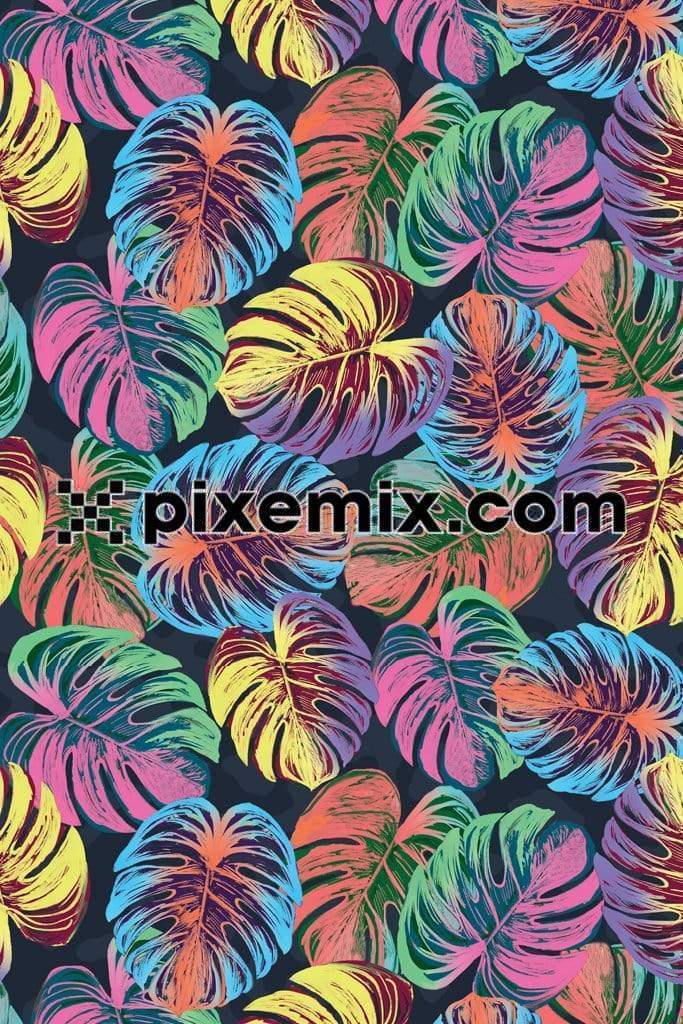 Colorfull tropical monstera plam leaves product graphic with seamless repeat pattern