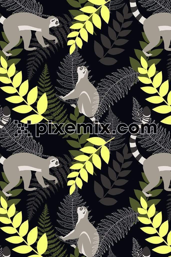 Lemur around leaves product graphic with seamless repeat pattern