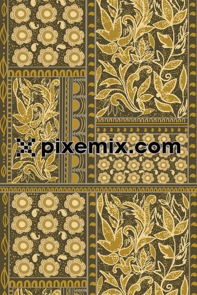 Patch work inspired ethnic florals and leaves product graphic with seamless repeat pattern