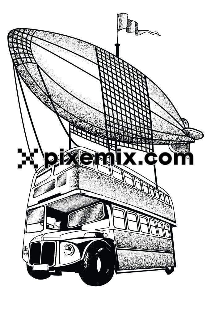 Surreal art inspired vintage airballoon and bus with dotted texture vector product graphic