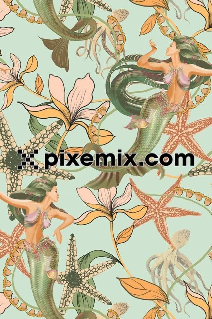Mermaid around florals & star fish digital illustration product graphic with seamless repeat pattern