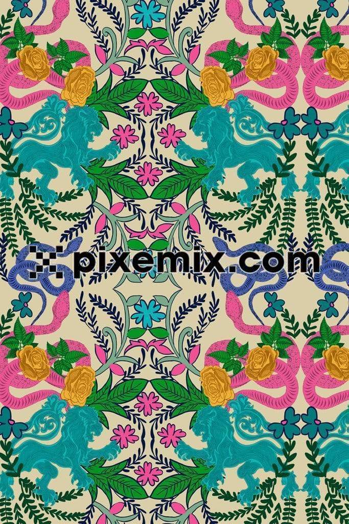 Tropical leaf and snake product graphic with seamless repeat pattern