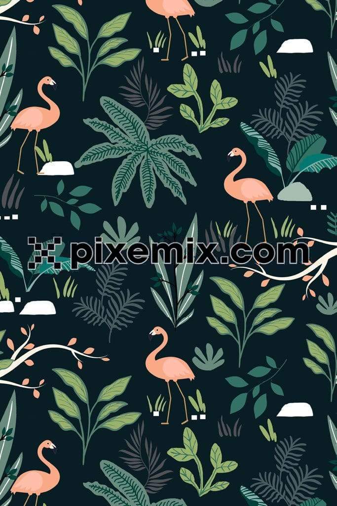 Tropical leaf and flamingo bird product graphic with seamless repeat
