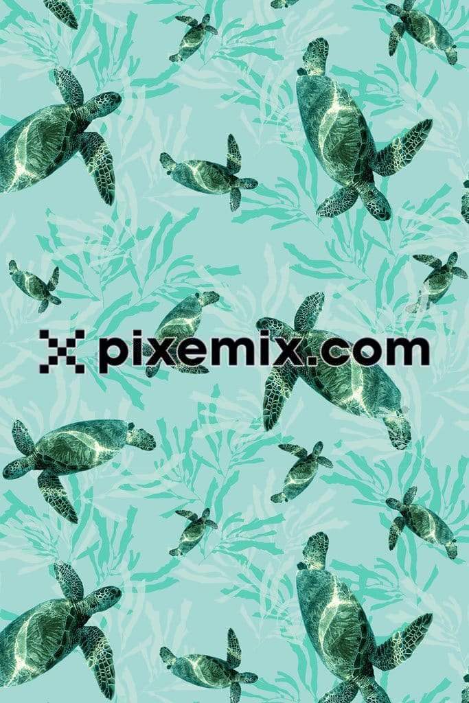 A beautiful sea turtle swimming in underwater product graphics with seamless repeat pattern