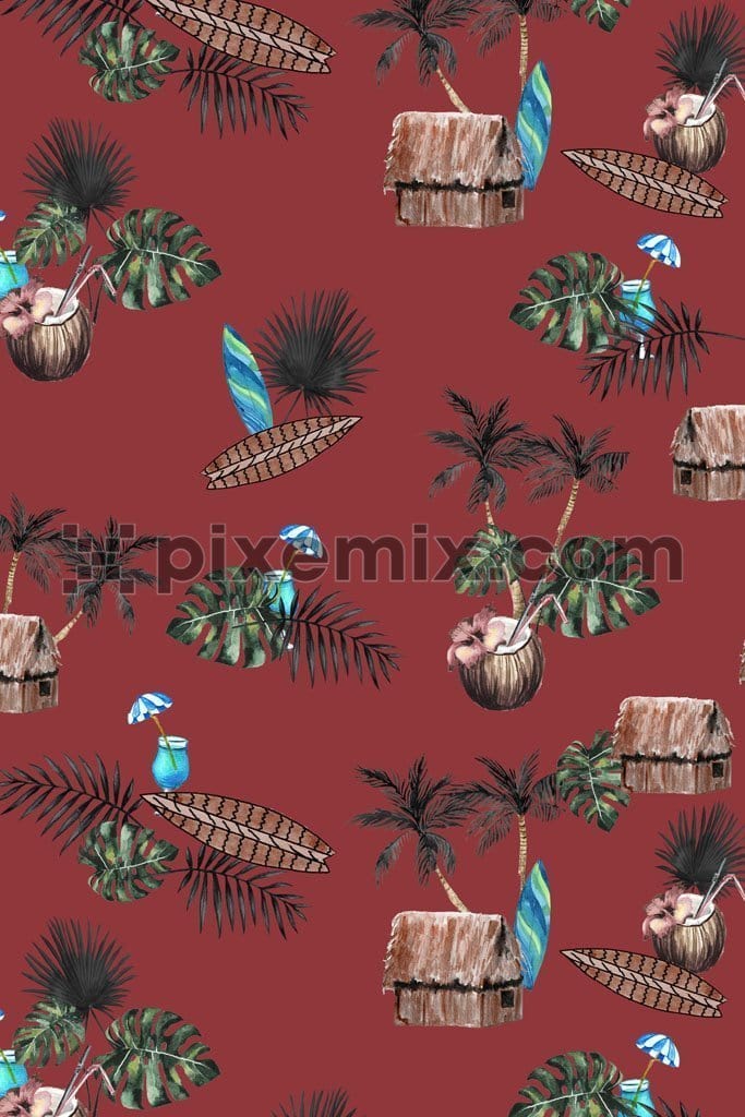 Hawaiian inspried coconut tree and house product graphics with seamless repeat pattern