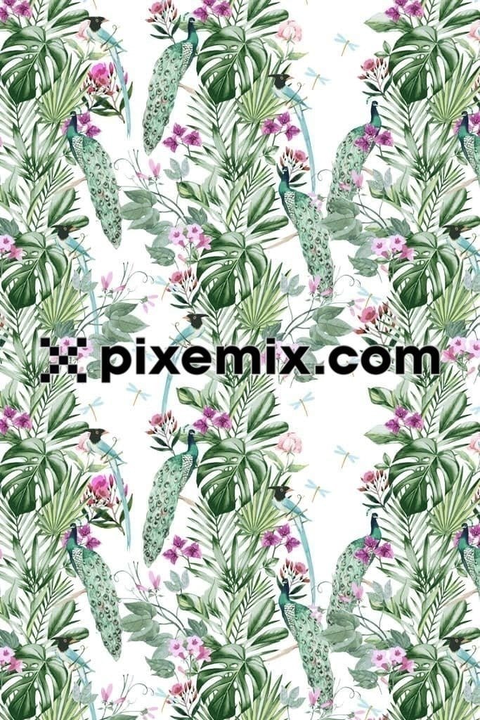 Tropical leaf and pecock product graphics with seamless repeat pattern