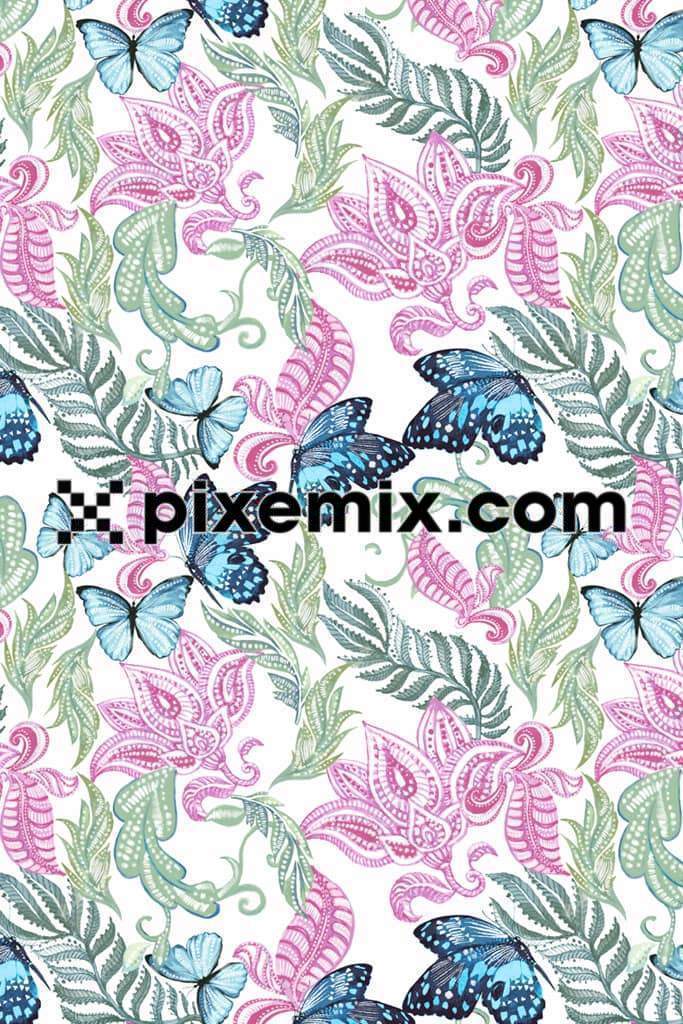 Buta motif inspired leaf and butterfly product graphics with seamless repeat pattern