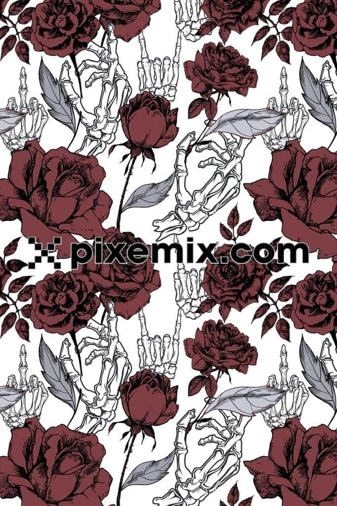 Roses ans human skeleton hand product graphics with seamless repeat pattern