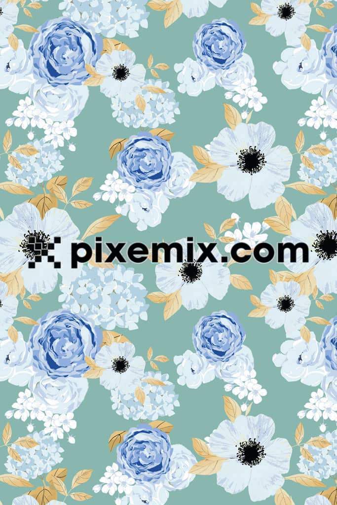 Decorative florals and leaf product graphics with seamless repeat pattern