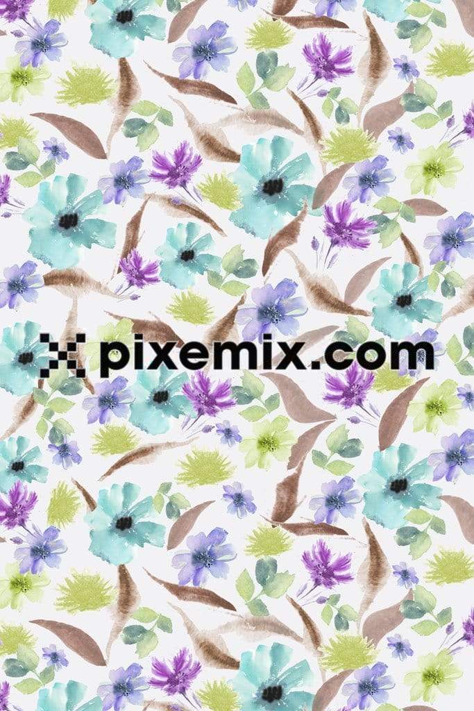 Watercolor florals and leaf product graphics with seamless repeat pattern