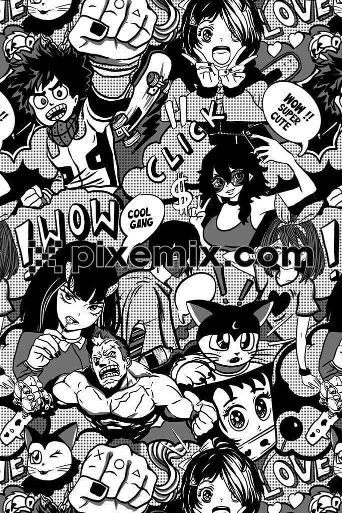 Doodle art inspried comic character and typography product graphics with seamless repeat pattern