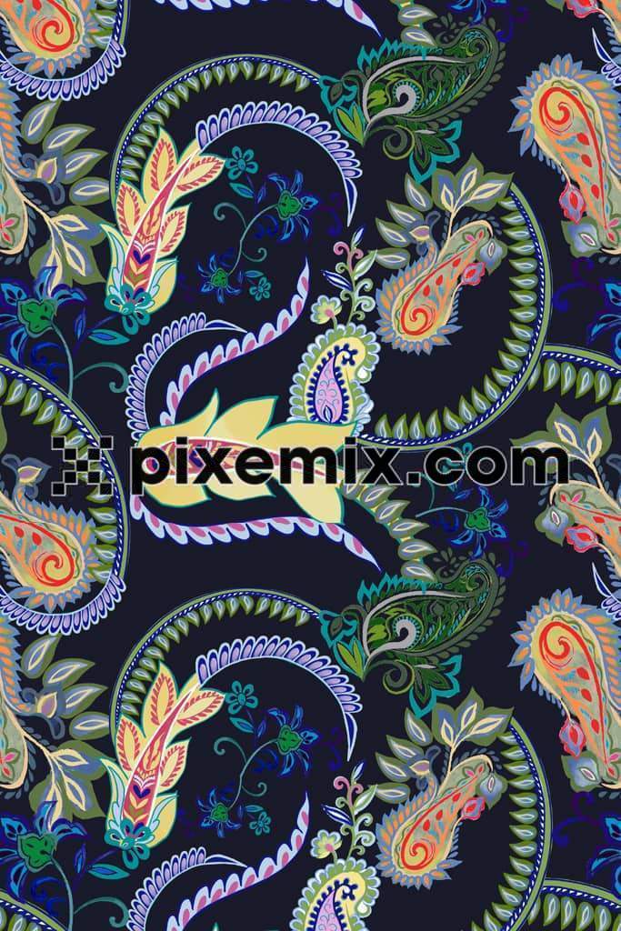 Paisley art and leaf product graphic with seamless repeat pattern