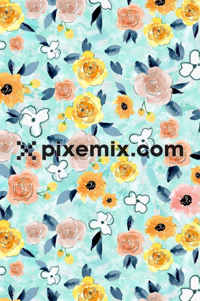 Watercolor florals and leafs product graphic with seamless repeat pattern