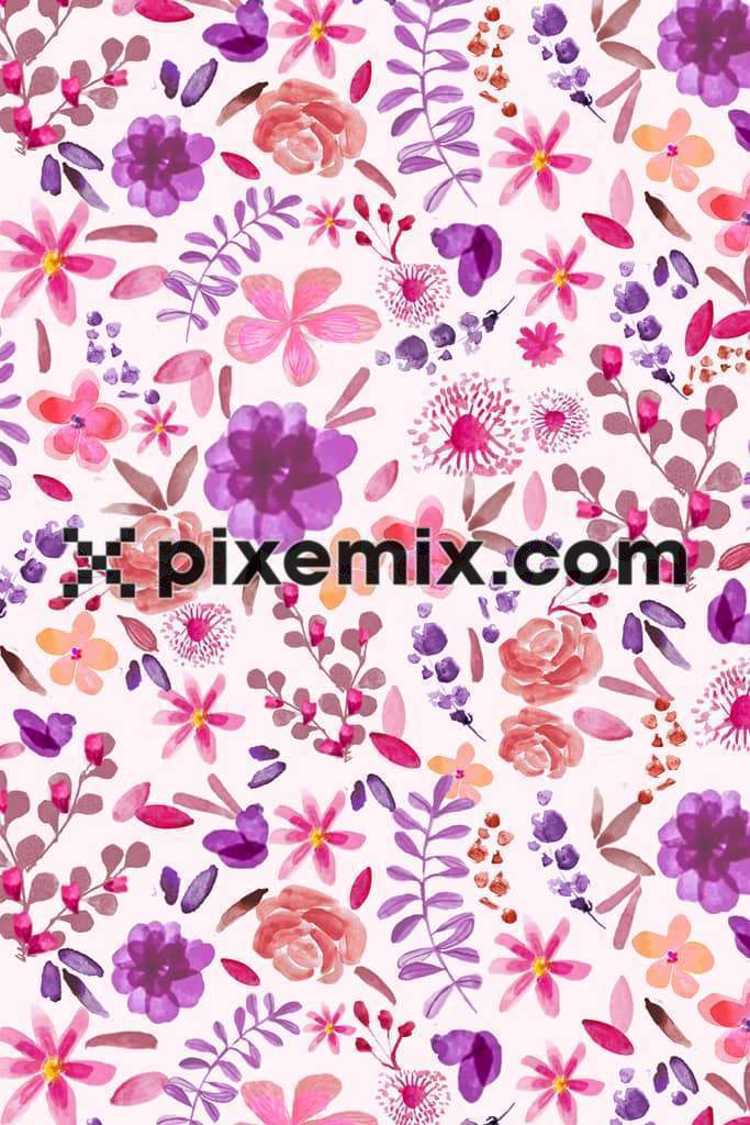 Doodle florals and leafs product graphic with seamless repeat pattern