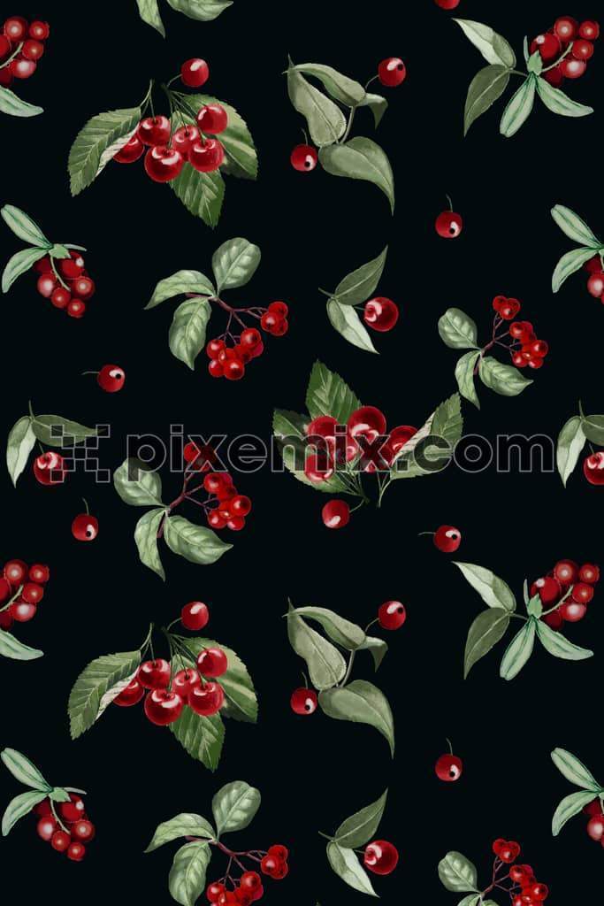 Tropical leafs and cherry fruits product graphic with seamless repeat pattern