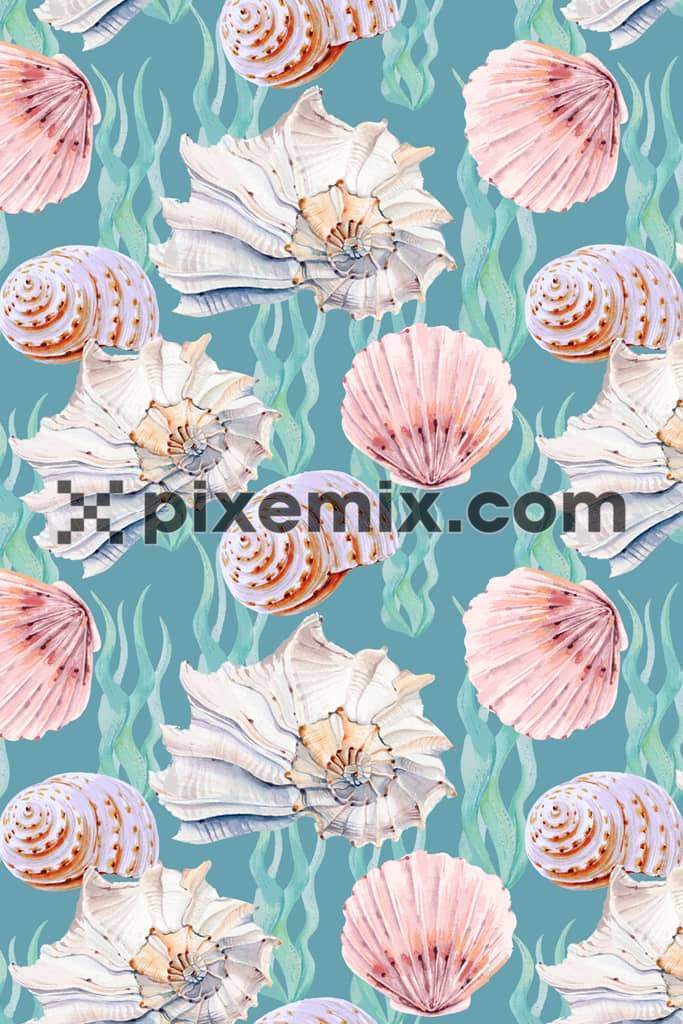 Nautical art inspired sea plant and sheel product graphic with seamless repeat pattern