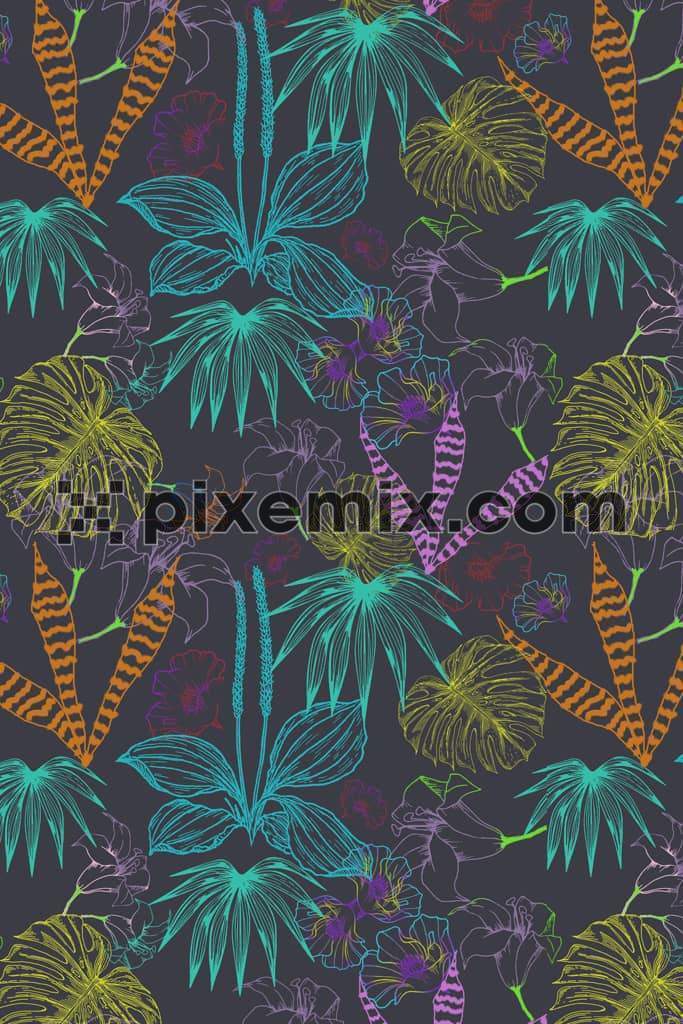 Lineart inspired tropical leafs and florals product graphic with seamless repeat pattern
