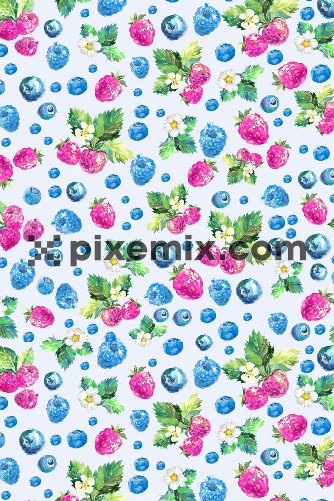Colourful strawberry fruits and leafs product graphic with seamless repeat pattern