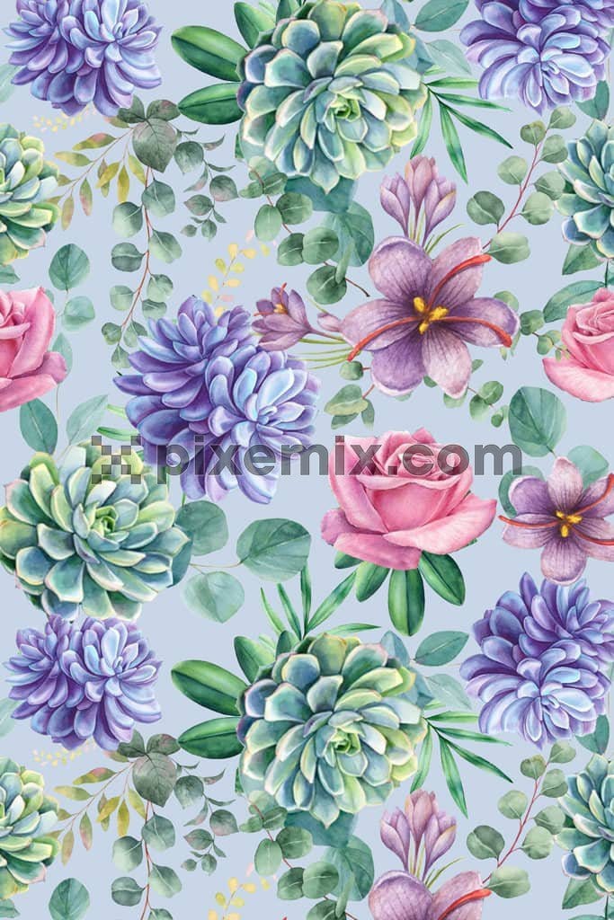 Watercolor leaves and florals product graphic with seamless repeat pattern