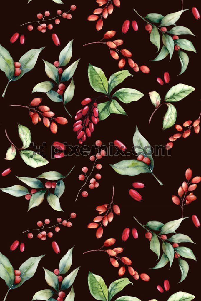 Cherry fruits and leaves product graphic with seamless repeat pattern