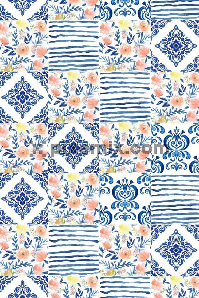 Mix and match art inspired stripe and florals product graphic with seamless repeat pattern